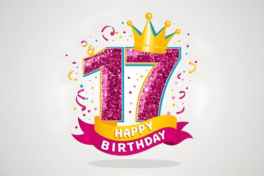 Glittering 17th Birthday Graphic with Pink Sparkle Numbers, Gold Crown, and Happy Birthday Banner
