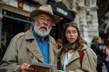 Fototapeta premium An older man and a young woman, holding a map, are examining their surroundings in an urban area, signifying their intention of exploring and understanding the locale.