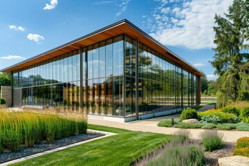 Obraz premium A stylish office building featuring expansive glass windows, lush landscaping, and modern architecture set against a clear, blue sky, emphasizing eco-friendly design.