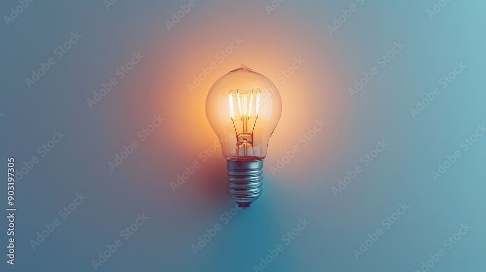Poster a single light bulb illuminated with a warm orange glow against a gradient blue wall, representing i