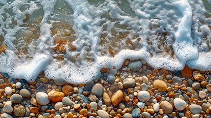 Foaming ocean wave crashing on colorful pebble shore under bright blue sky