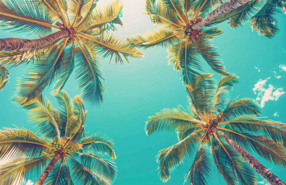 Looking up at blue sky and palm trees, view from below, vintage style, tropical beach and summer background, travel concept