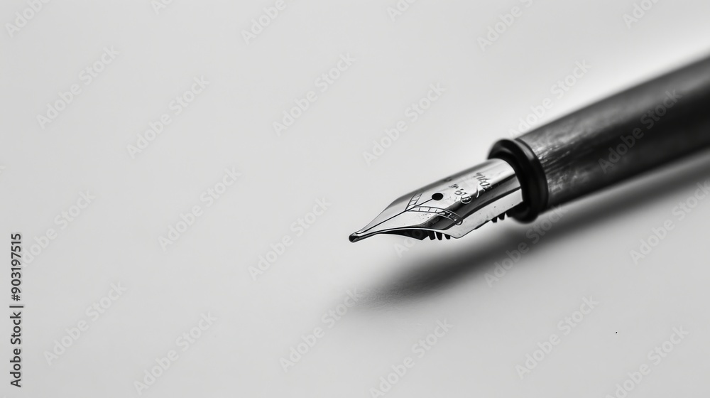 Poster a detailed close-up of a classic fountain pen lying on a white surface, emphasizing its fine nib des