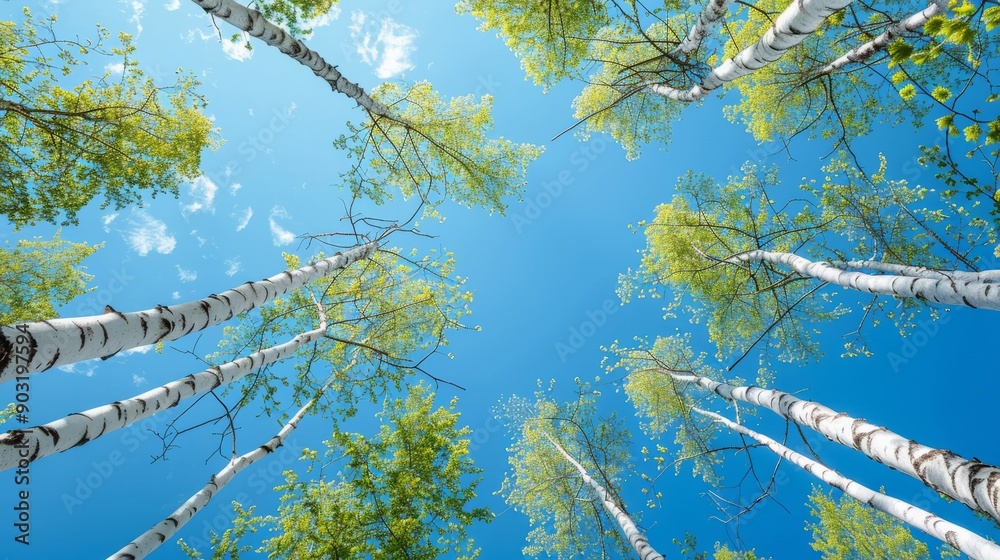 Wall mural birch branches in spring against a clear blue sky at midday