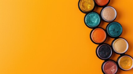 Vibrant professional eyeshadows in plastic case on orange backdrop Mockup with text space