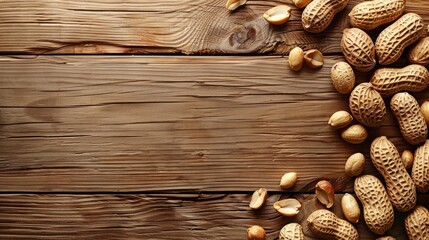 Shelled peanuts arranged on rustic wooden surface