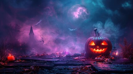 Naklejka premium An eerie Halloween podium with a pumpkin base, set against a smoky autumn platform, with a dark, black stage and a purple night backdrop featuring fog and bats