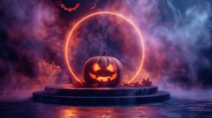 A spooky 3D podium with a pumpkin base, set against an autumn platform with a smoky background, dark black stage, and a purple night scene with bats and fog