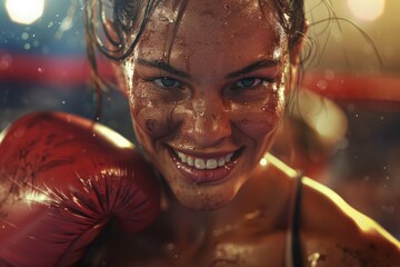 A determined female boxer with sweat on her face, smiling confidently after an intense training session in a boxing ring, showcasing strength and resilience.