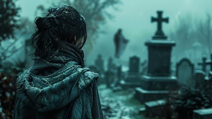 Obraz premium A woman standing in a cemetery in the snow