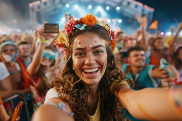 Obraz premium A joyful young woman with a flower crown smiles brightly at a lively festival, surrounded by vibrant decorations, cheerful people, and an atmosphere of pure celebration.