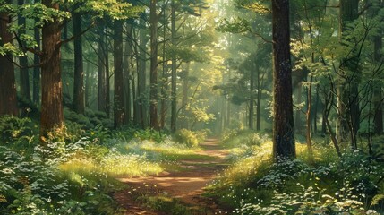 Obraz premium Woodland trail bathed in spring light surrounded by lush greenery and wildflowers