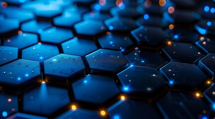 Obraz premium A close up of a blue hexagonal pattern with lights on it