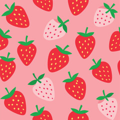 Seamless pattern with red strawberries. Abstract fruits in contemporary style. Berry natural vegan print. Vector graphics, seamless background with strawberries