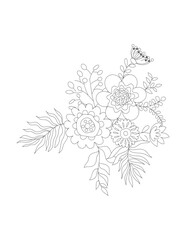 Flower coloring, Hand drawn coloring page for kids and adults. Potted plant, roses. Beautiful drawing with patterns and small details. Coloring book pictures. Vector. Flower coloring page 