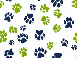 Fototapeta premium A pattern of blue and green paw prints on a white background