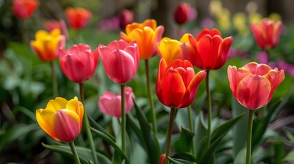 Obraz premium Colorful tulip garden in spring blooming with pink, yellow, and red flowers