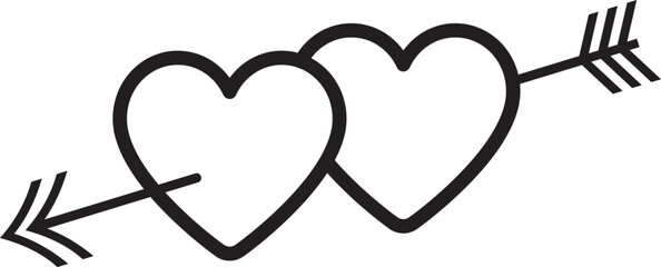 Black and white Two hearts pierced with arrow icon.