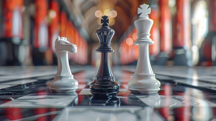 Chess match victory in contrasting colors in historic hallway