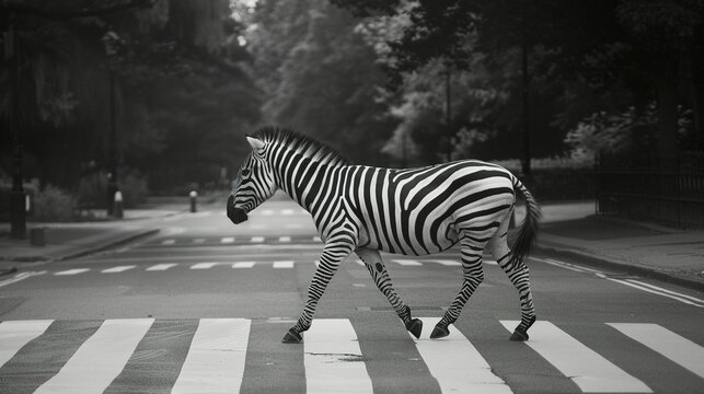black and white photo of long shot of a zebra walking across abbey road zebra crossing