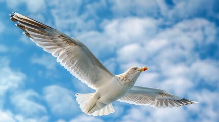 Obraz premium Ring-billed gull soaring high in a clear blue sky at daytime