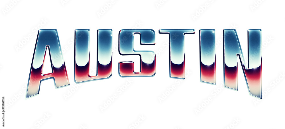 Fototapete Austin city name written in retro 1980s style chrome text effect isolated on transparent background