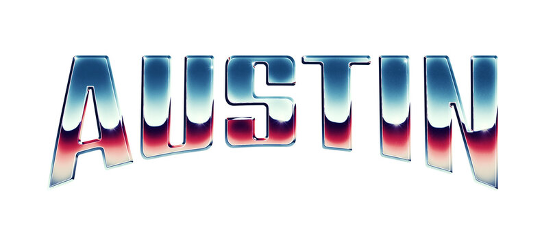 Austin city name written in retro 1980s style chrome text effect isolated on transparent background