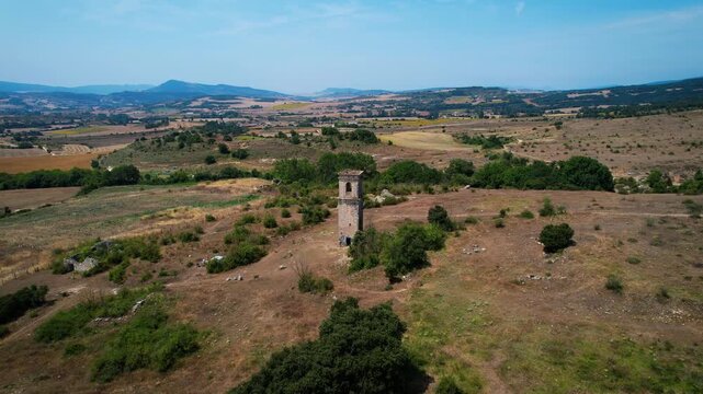 Aerial view of the famous cursed town of Ochate in Condado de Trevino, Burgos, Spain. High quality 4k footage