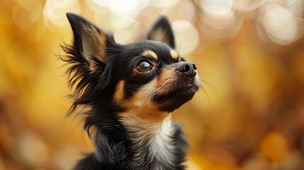 Chihuahua gazing upwards among autumn leaves in soft natural light