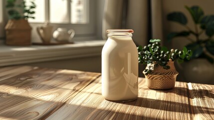 Soy milk container on wooden surface with natural light in cozy room