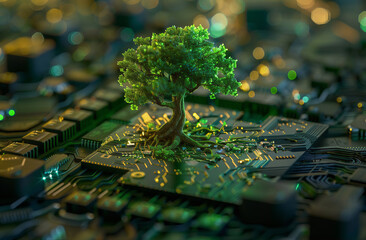 Árvore crescendo no ponto convergente da placa de circuito do computador. Computação verde, tecnologia verde, TI verde, RSE e ética de TI. Conceito de tecnologia verde. Tecnologia verde ambiental.