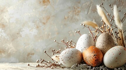 Easter card featuring earth toned eggs decorated with dried flowers and twigs