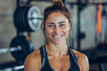 Obraz premium A fit muscular female personal trainer smiling at the camera in a gym, close up
