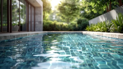 Shimmering swimming pool surrounded by lush greenery on a sunny day