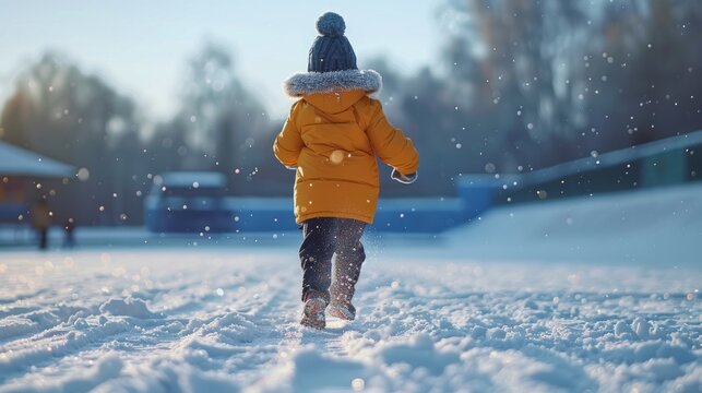 Young athletic boy exercises in winter stadium snow during daytime