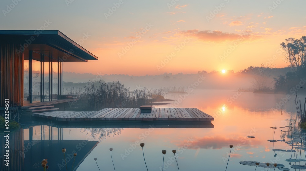 Poster Tranquil morning light over lake with modern deck and misty landscape