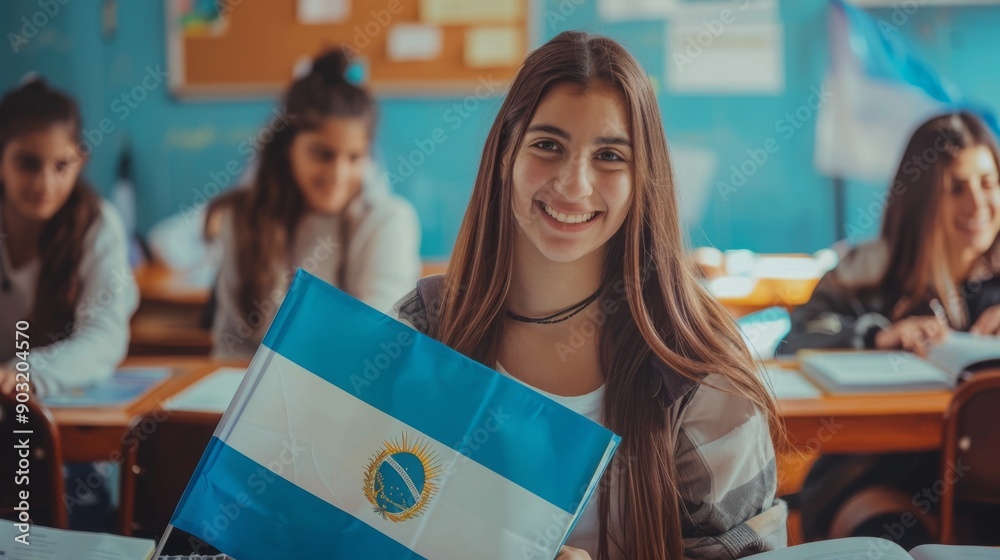 Aufkleber a student smiles while holding an argentine flag in a classroom filled with her classmates focused o