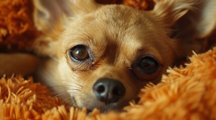 Small female chihuahua relaxing on cozy orange blanket indoors in afternoon light