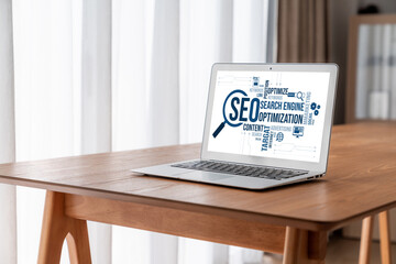 SEO search engine optimization for modish e-commerce and online retail business showing on computer...