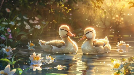 Obraz premium Wild ducks swimming in a river surrounded by spring flowers and sunlight