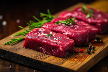 Raw beef on a wooden board with herbs and spices in a rustic kitchen background for cooking meat or river vegetables