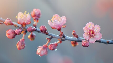 Delicate blossoms on twigs in early spring morning light