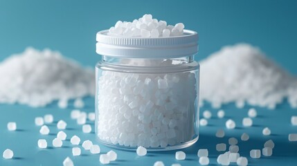 Sodium diurinate packaged in clear laboratory jar with white pellets on blue surface