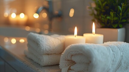 Cozy bathroom with scented candles and fresh towels during evening relaxation