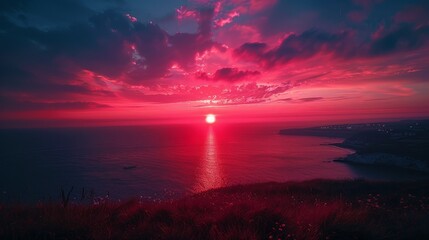 Obraz premium Vibrant sunset over the ocean at dusk in coastal location