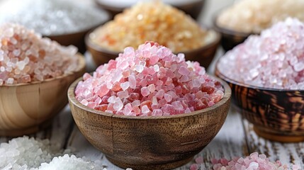 Bath salts in wooden bowls on a white wooden table