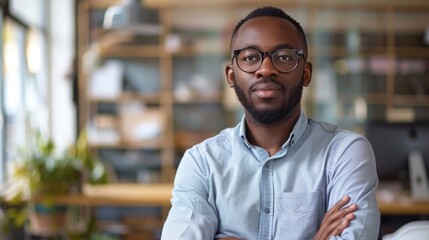 Obraz premium Portrait of confident african american male professional in modern office setting
