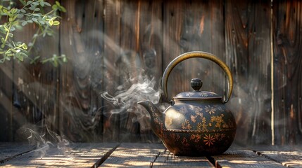 Morning hot tea kettle on wooden surface with steam rising
