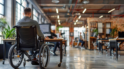 Man with disabilities at work. Guy in wheelchair in office among colleagues. Disability Employment Awareness Month. Employment, inclusion, Disability Rights, Inclusivity concept. World Disability day
