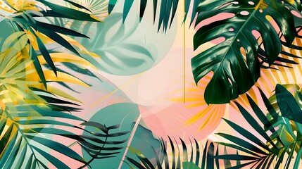 Colorful abstract illustration featuring tropical leaves, geometric shapes, and a large sun. The design combines vibrant shades of green, orange, and pink with minimalistic patterns and lines